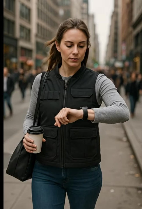 Woman wearing Soft Shell Bulletproof Vest while walking in city, discreet everyday ballistic protection