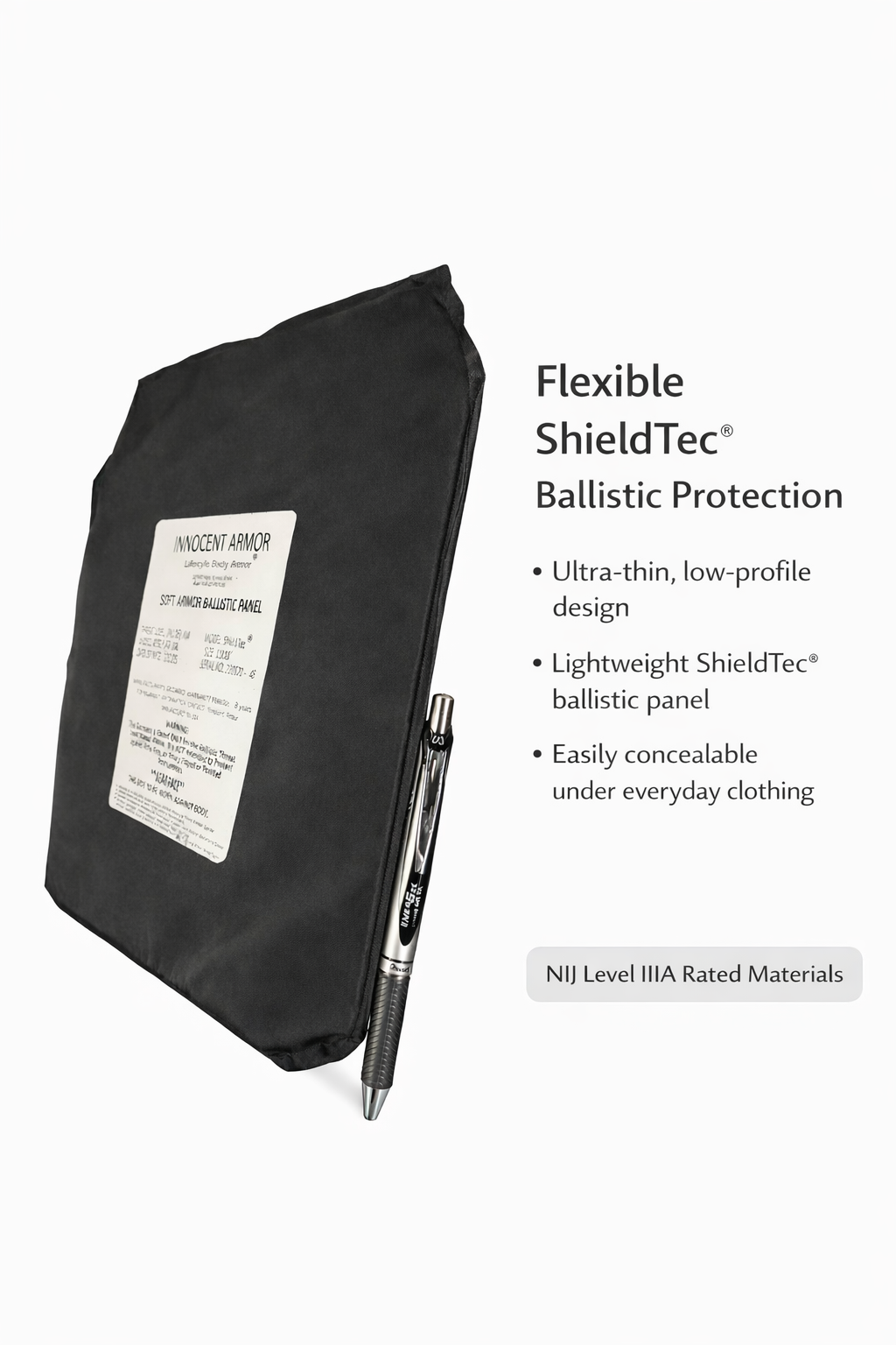 Flexible ShieldTec® ballistic panel for discreet everyday body armor