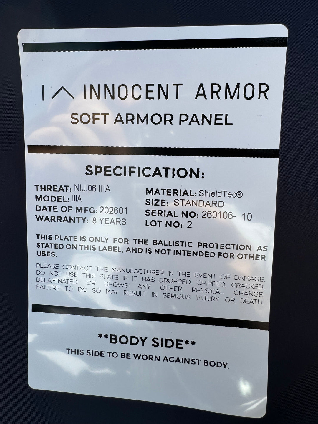 NIJ Level IIIA soft body armor panel used in concealable bulletproof clothing designed to stop 9mm handgun rounds