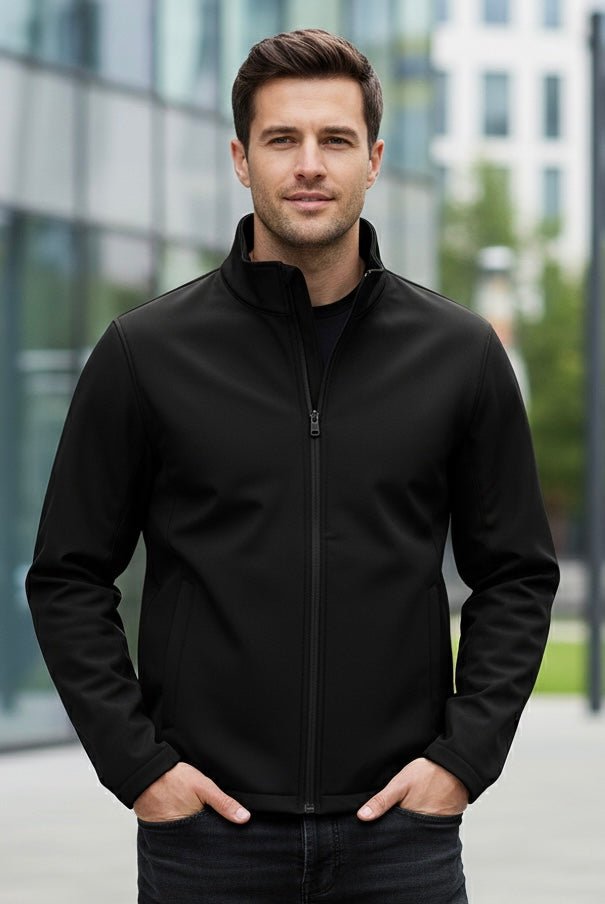 Man wearing a black concealable bulletproof jacket designed for everyday civilian protection
