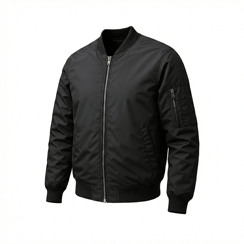 Black discreet bulletproof bomber jacket with removable NIJ Level IIIA soft body armor panels