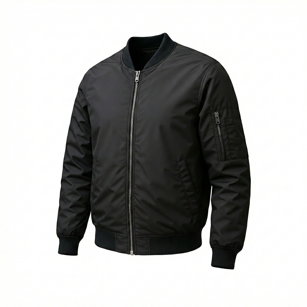 Black discreet bulletproof bomber jacket with removable NIJ Level IIIA soft body armor panels