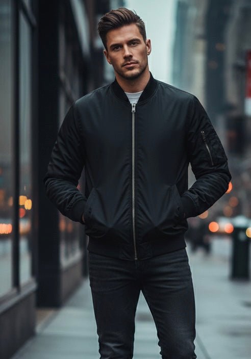 Man wearing a concealable bulletproof jacket in an urban city environment.