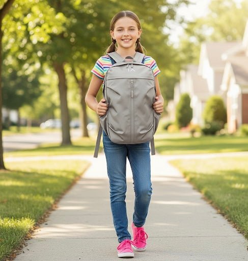 Child wearing a school backpack fitted with a removable body armor panel
