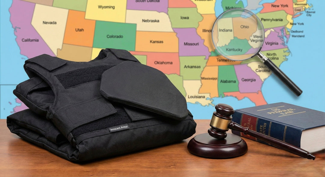 Soft body armor panels on desk with U.S. map, magnifying glass, and gavel illustrating body armor laws by state.”