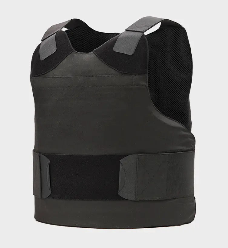Black concealable bulletproof vest with adjustable side straps and breathable mesh lining for discreet everyday body armor protection.