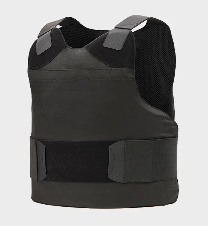 Black concealable bulletproof vest with adjustable side straps and breathable mesh lining for discreet everyday body armor protection.