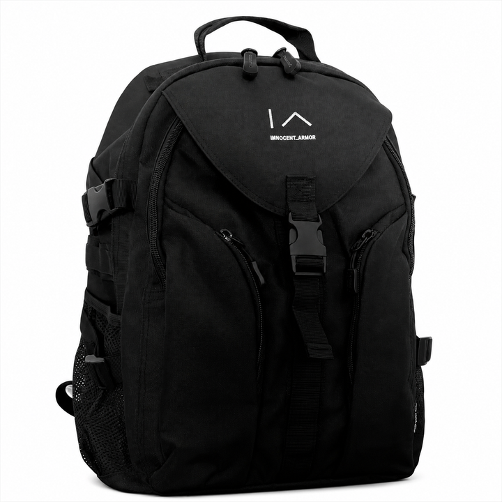 Innocent Armor Bulletproof Essentials Backpack with removable NIJ Level IIIA ballistic panel, front view