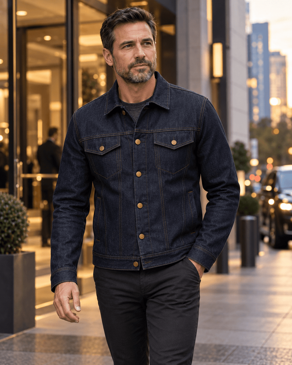 Man wearing the Indigo Stretch Denim Bulletproof Jacket on a city street at dusk, pairing concealed NIJ Level IIIA protection with an elevated everyday look