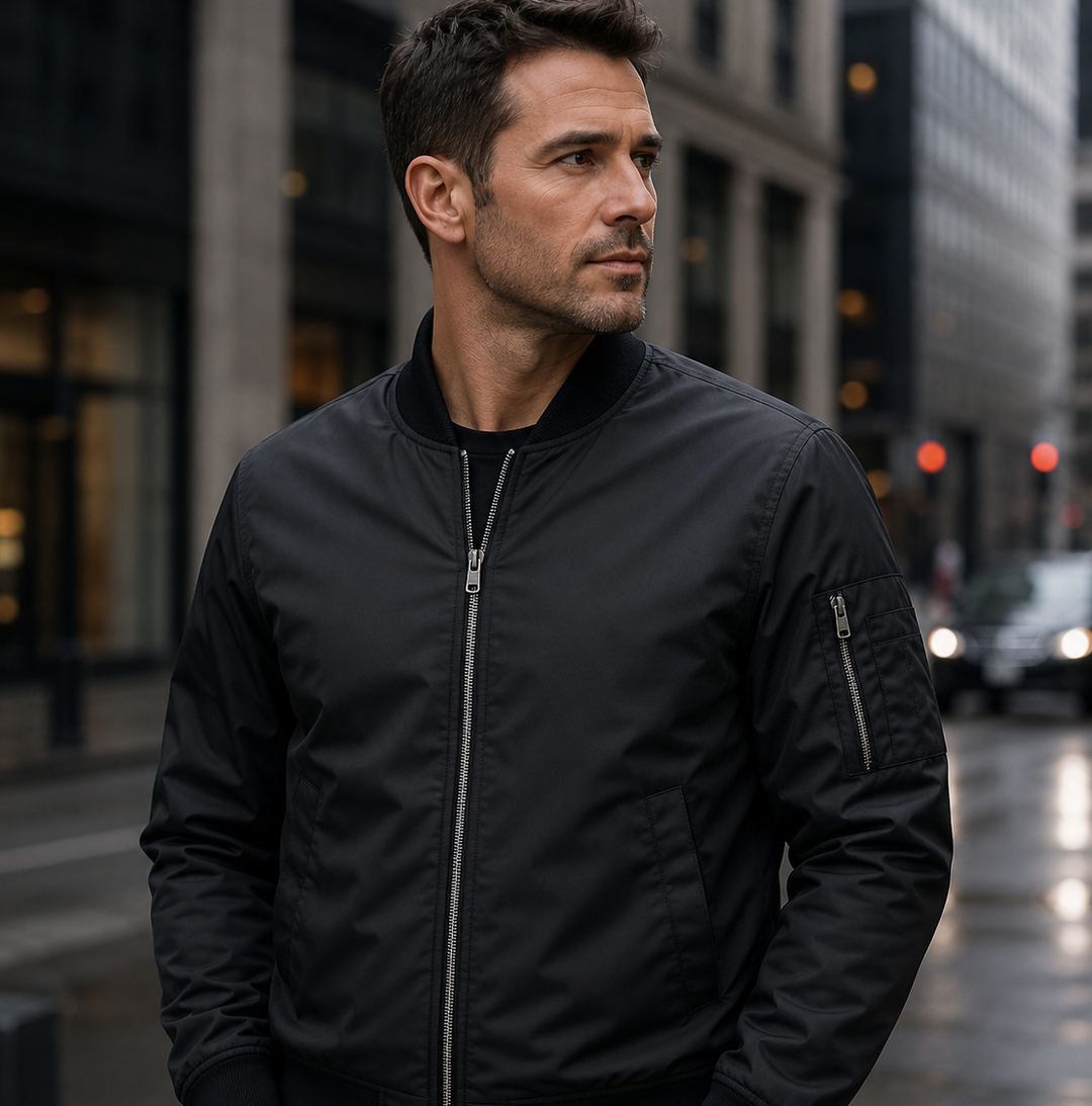 Man wearing a black bulletproof bomber jacket in an urban city setting, combining discreet NIJ Level IIIA body armor protection with modern everyday style.