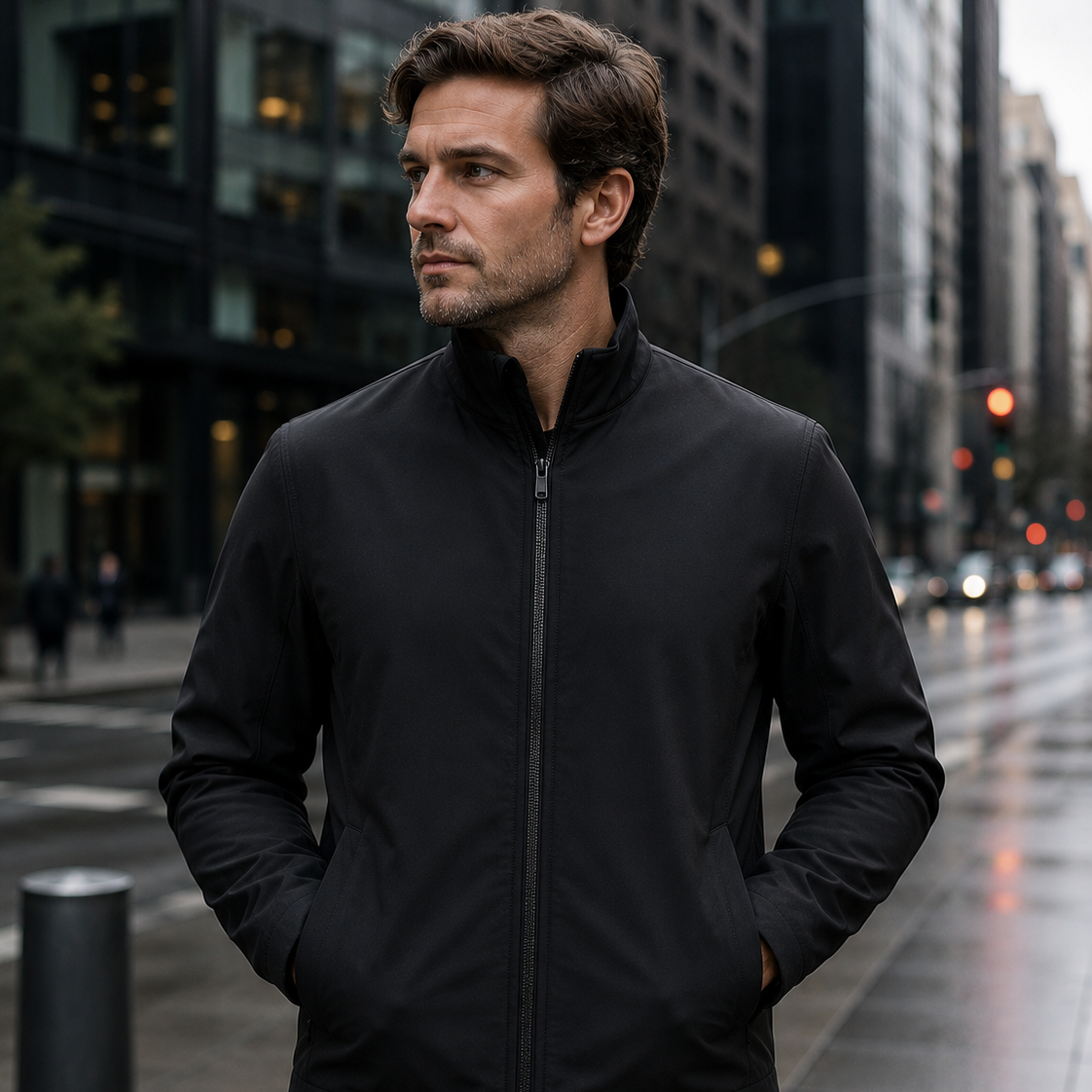 Man wearing a black concealable bulletproof jacket in a modern urban setting, combining discreet NIJ Level IIIA body armor protection with sleek everyday style.