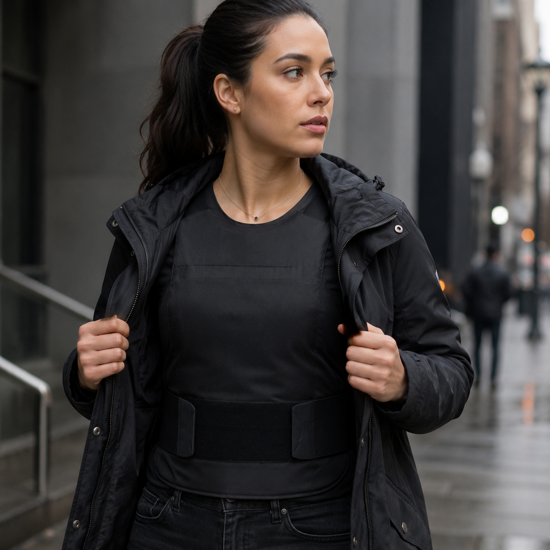 Woman wearing a concealable bulletproof vest under a black jacket in an urban city setting, demonstrating discreet everyday body armor protection.