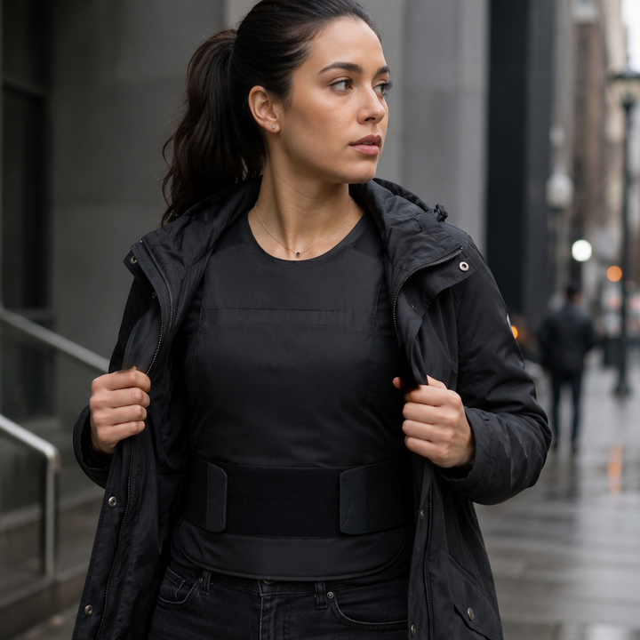 Woman wearing a concealable bulletproof vest under a black jacket in an urban city setting, demonstrating discreet everyday body armor protection.