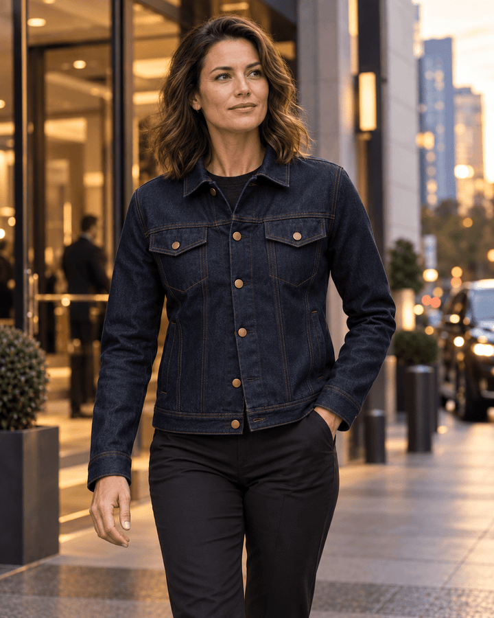 Woman wearing the Indigo Stretch Denim Bulletproof Jacket on a city street at dusk, pairing concealed NIJ Level IIIA protection with an elevated everyday look