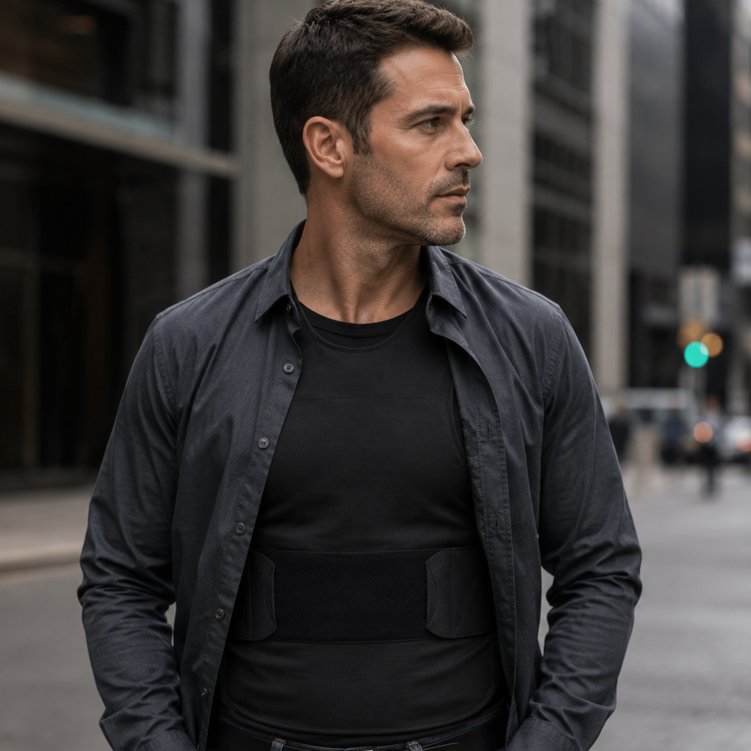 Man wearing concealable bulletproof vest NIJ Level IIIA under shirt demonstrating discreet everyday body armor protection in an urban setting