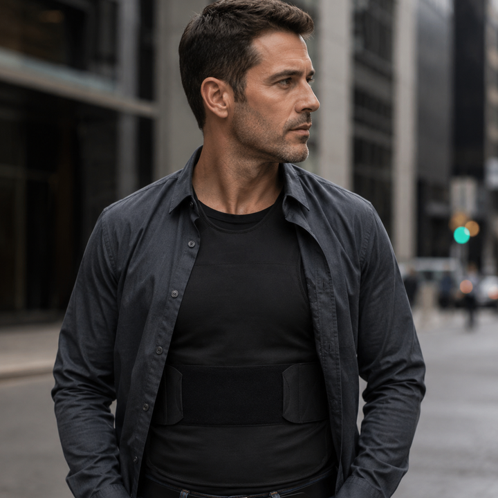 Man wearing concealable bulletproof vest NIJ Level IIIA under shirt demonstrating discreet everyday body armor protection in an urban setting