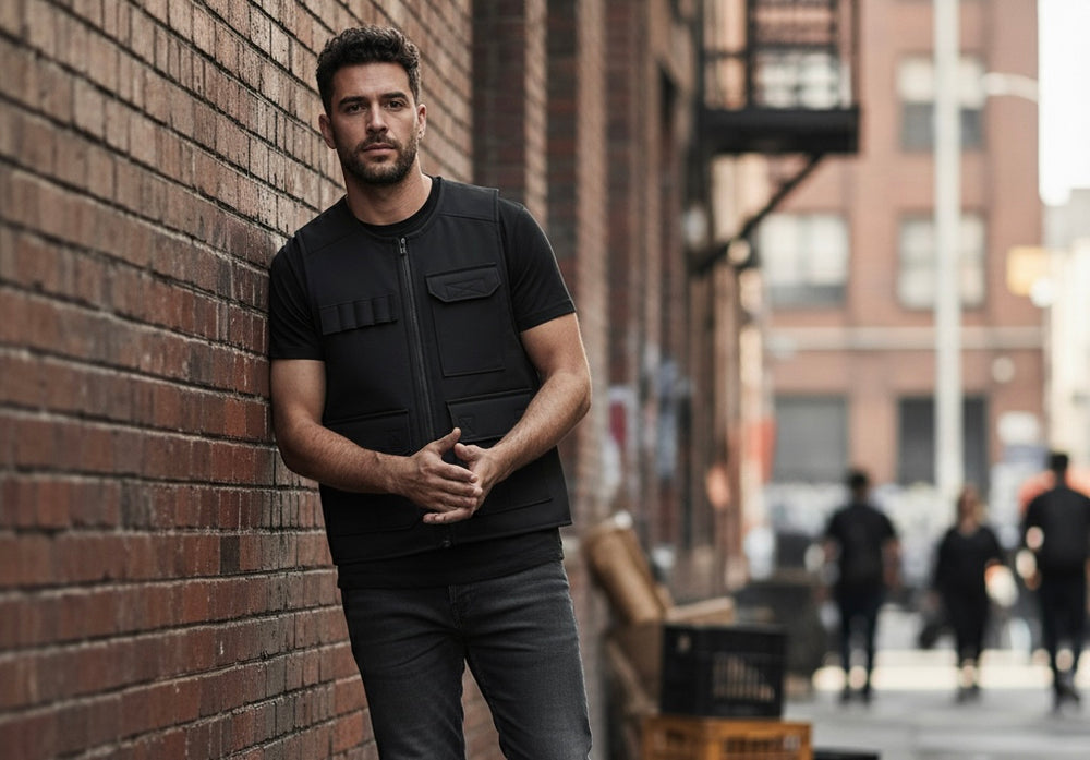 Man wearing a discreet bulletproof vest with NIJ IIIA ShieldTec® armor by Innocent Armor