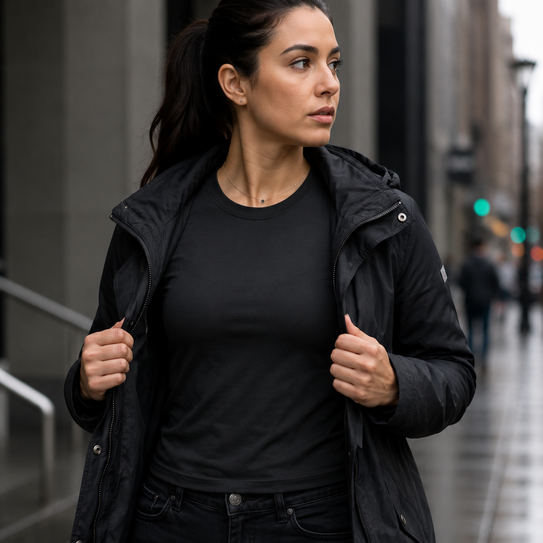 Woman wearing black bulletproof t-shirt NIJ Level IIIA discreet body armor Innocent Armor everyday wear