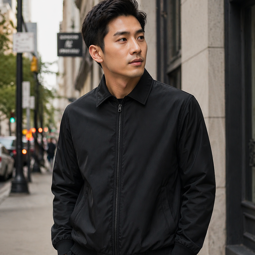 Man wearing black bulletproof jacket NIJ Level IIIA by Innocent Armor in urban city street setting