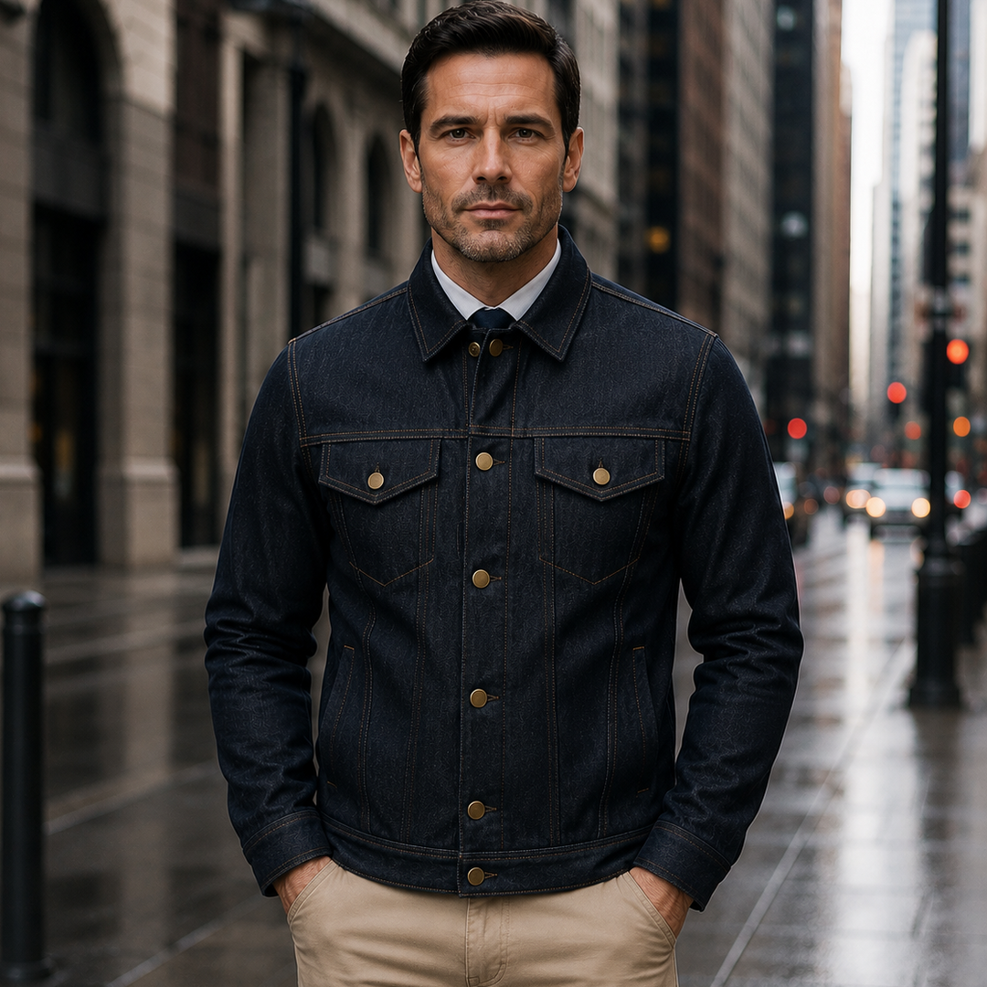 Man wearing a dark bulletproof denim jacket with khaki chino pants in a modern urban setting, blending discreet NIJ Level IIIA body armor protection with elevated everyday fashion.