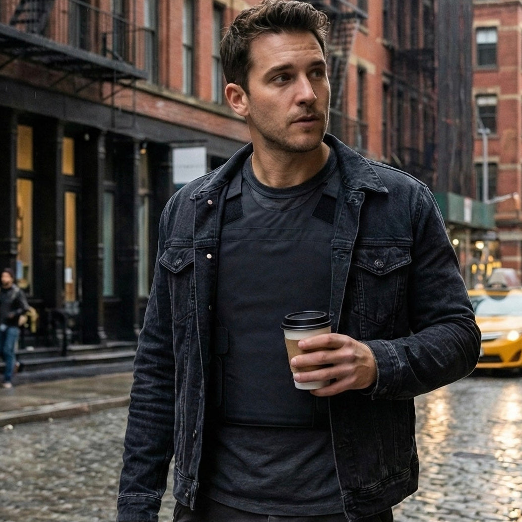 Man wearing concealable bulletproof vest NIJ Level IIIA under jacket discreet body armor urban lifestyle