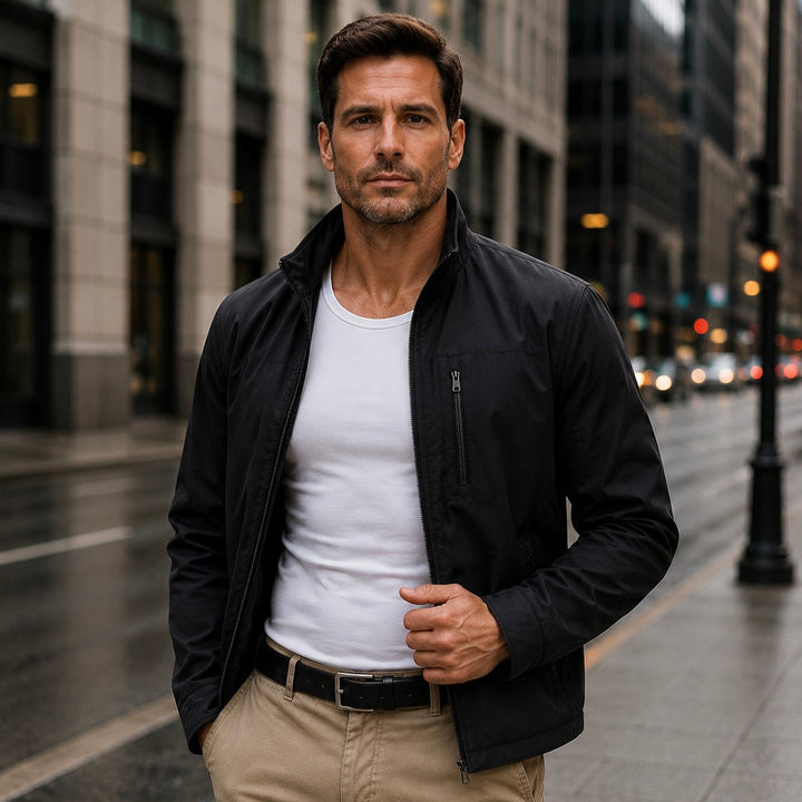 Man wearing a concealable white base layer tank under a black jacket in a modern urban setting, showcasing discreet everyday body armor protection