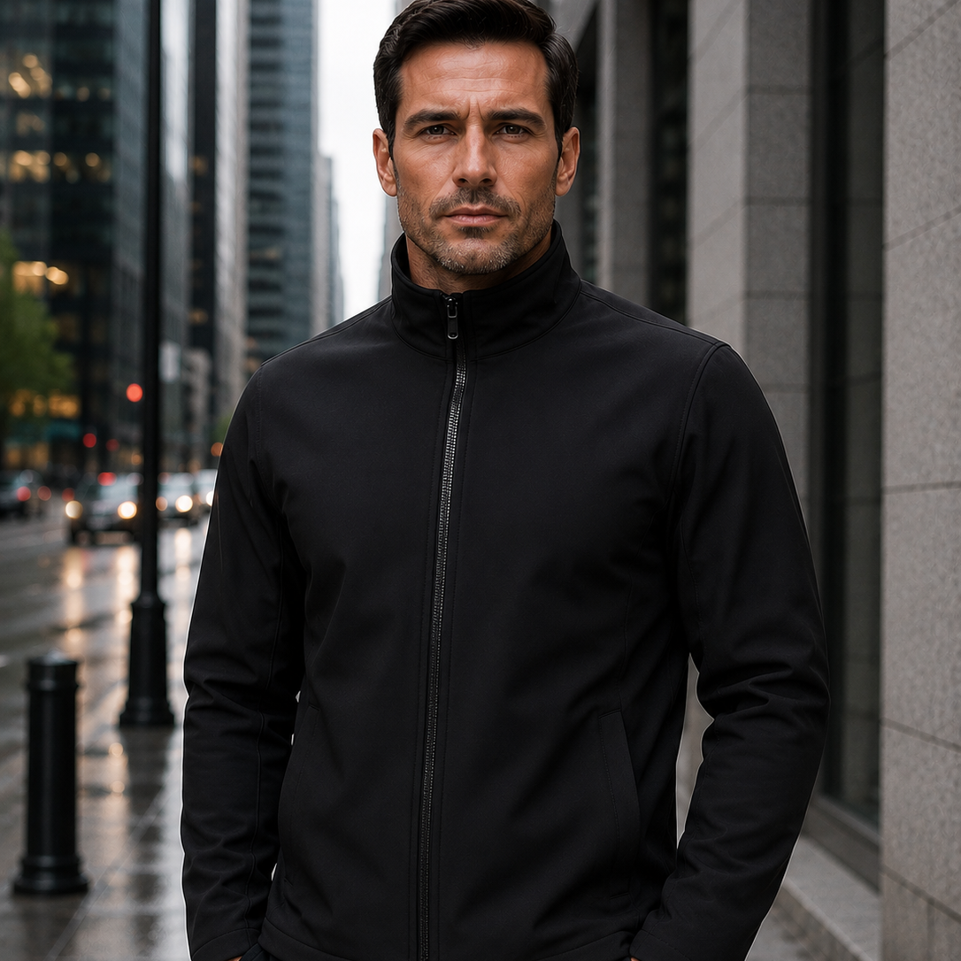 Man wearing a black concealable bulletproof jacket in a modern urban setting with discreet NIJ Level IIIA body armor protection