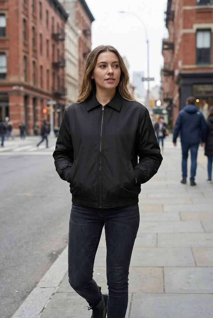 Woman wearing a black polo jacket with concealed NIJ IIIA ballistic armor in an urban setting