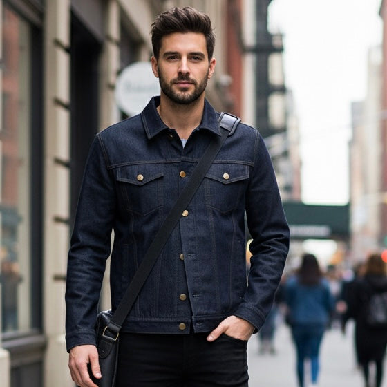 Indigo denim bulletproof jacket with hidden NIJ IIIA armor by Innocent Armor