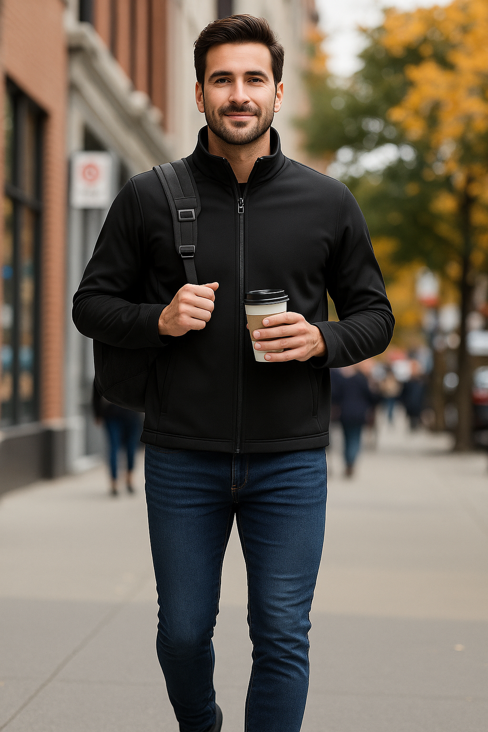 Man wearing a discreet black bulletproof jacket with hidden NIJ IIIA armor by Innocent Armor while walking in the city