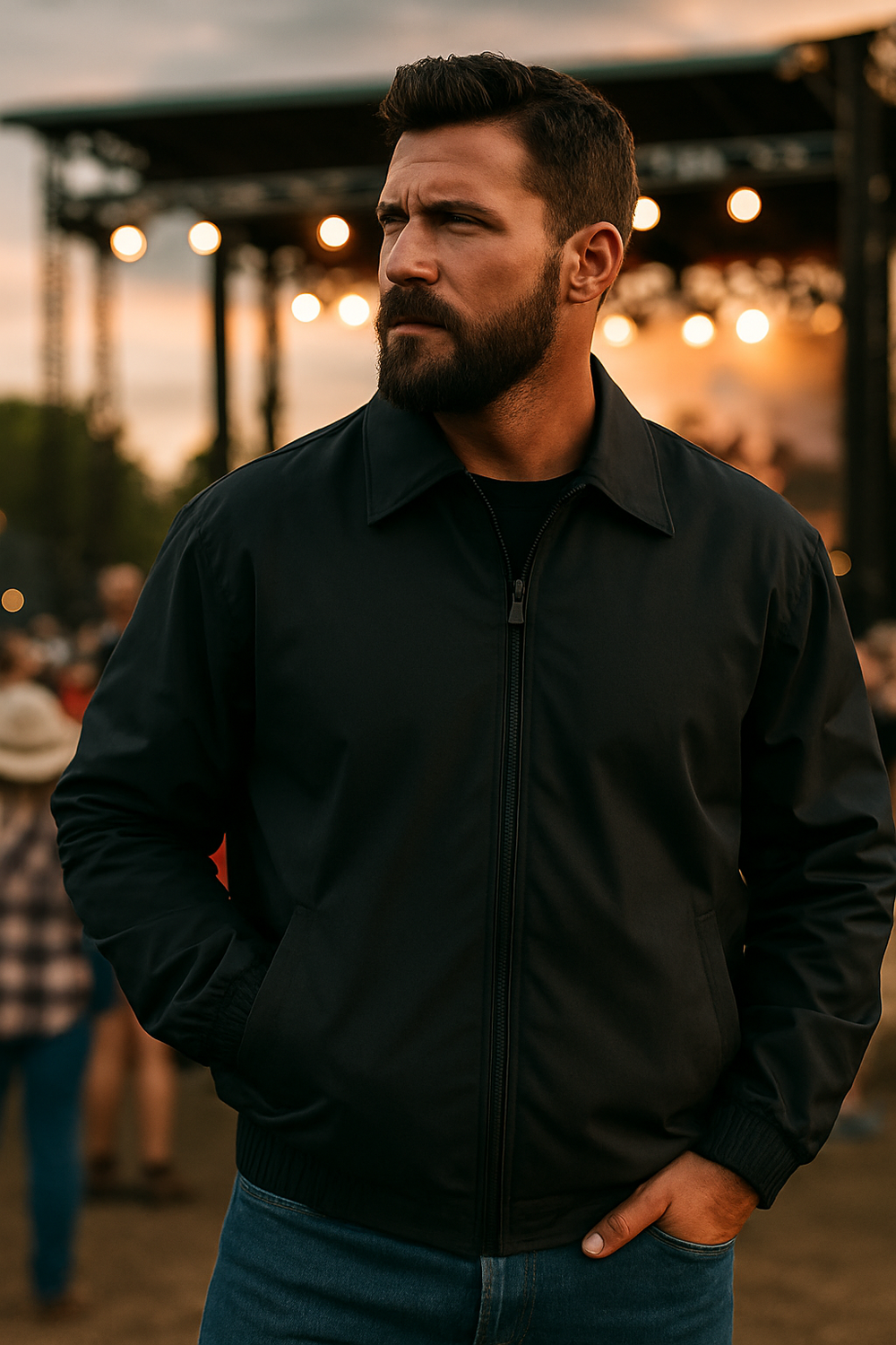 Man wearing a black polo jacket with concealed NIJ IIIA ballistic armor in an urban setting