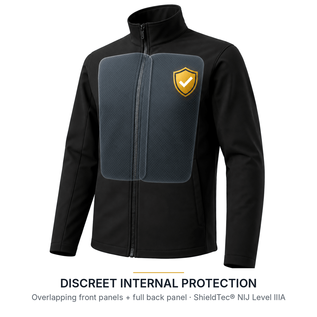 Cutaway view of the black Apex Bulletproof Jacket showing overlapping front ShieldTec® NIJ Level IIIA ballistic panels; a full back panel is also included
