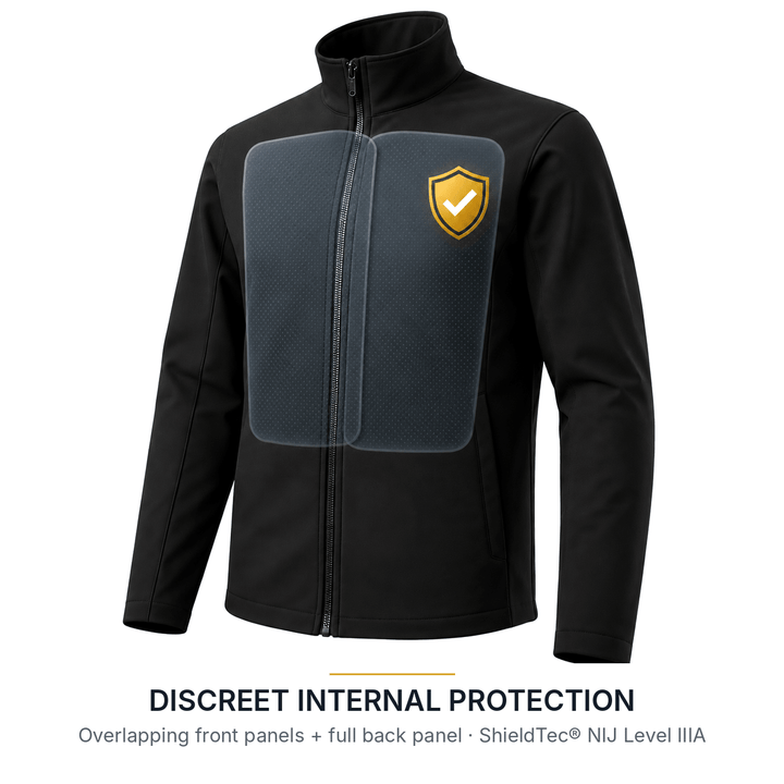 Cutaway view of the black Apex Bulletproof Jacket showing overlapping front ShieldTec® NIJ Level IIIA ballistic panels; a full back panel is also included