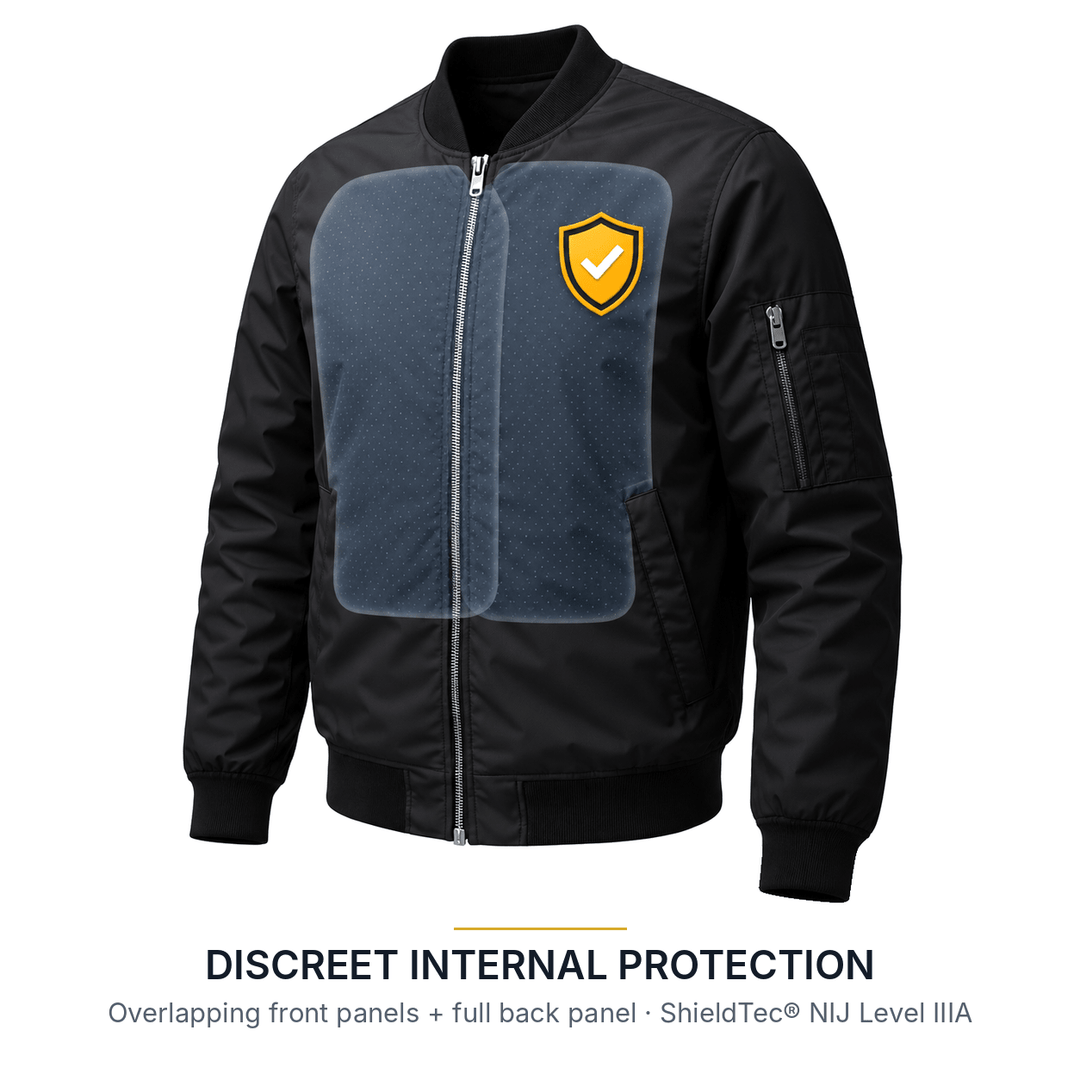 Cutaway view of the black Bomber Bulletproof Jacket showing overlapping front ShieldTec® NIJ Level IIIA ballistic panels; a full back panel is also included