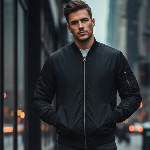 Man wearing concealable bomber bulletproof jacket NIJ Level IIIA by Innocent Armor in urban setting.