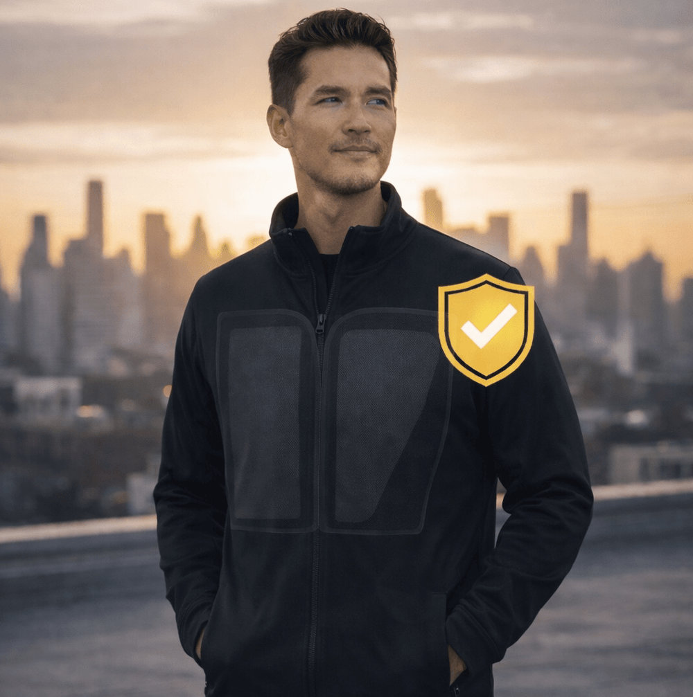 Cutaway view of the Polo Bulletproof Jacket showing ShieldTec® NIJ Level IIIA ballistic panels inside the lining