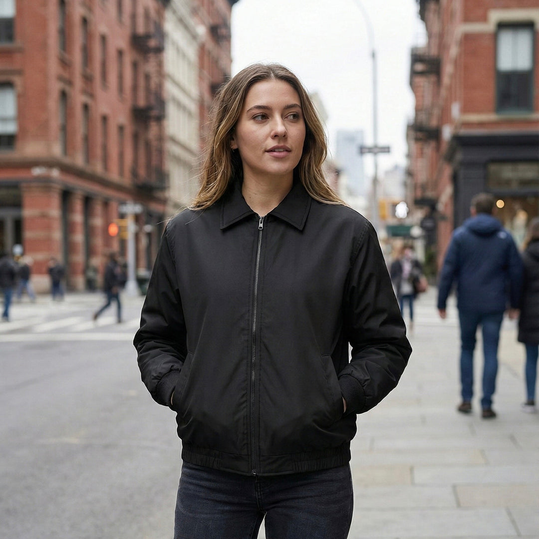 Women’s black bulletproof jacket NIJ Level IIIA discreet body armor Innocent Armor urban lifestyle