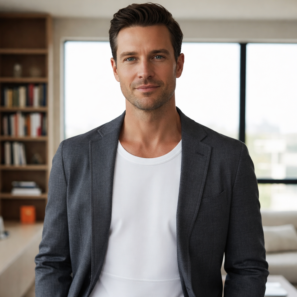 Man wearing concealable bulletproof t-shirt NIJ Level IIIA under blazer discreet body armor professional setting