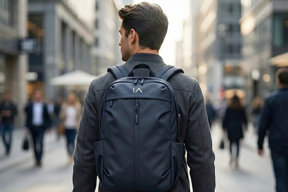 Man wearing bulletproof everyday backpack with NIJ Level IIIA panel by Innocent Armor in urban setting