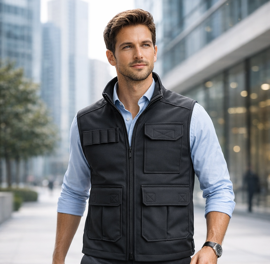 Man wearing concealable bulletproof vest NIJ Level IIIA discreet body armor over shirt urban setting