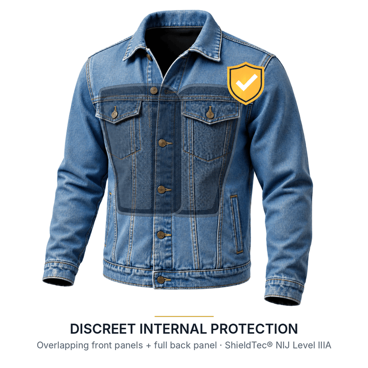 Cutaway view of the Denim Trucker Bulletproof Jacket showing overlapping front ShieldTec® NIJ Level IIIA ballistic panels; a full back panel is also included