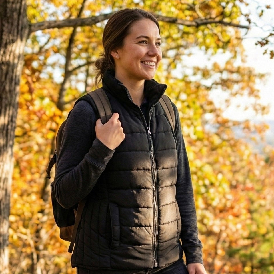 Woman wearing concealable bulletproof vest NIJ Level IIIA while hiking.